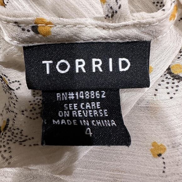 Torrid Blouse Plus 4X White Yellow Floral Ruffle Sleeve Sheer Tunic Top - Picture 8 of 10